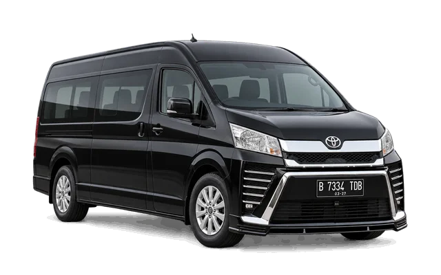 Black Toyota Hiace, right-facing front three-quarter view